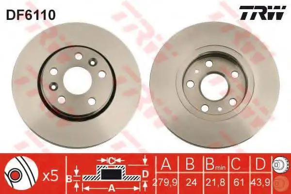 Диск тормозной передний вентилируемый (к-т 2 шт.) (280х24) KANGOO 1.5 DCI, 1.6 16V MPI с 2008 г. Производитель: TRW.  Размер колесного диска [дюйм]: 16, 15